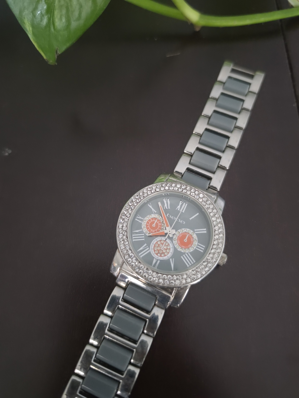 bebe Silver and Gray Women's Crystal Accent Watch with Coral Subdials